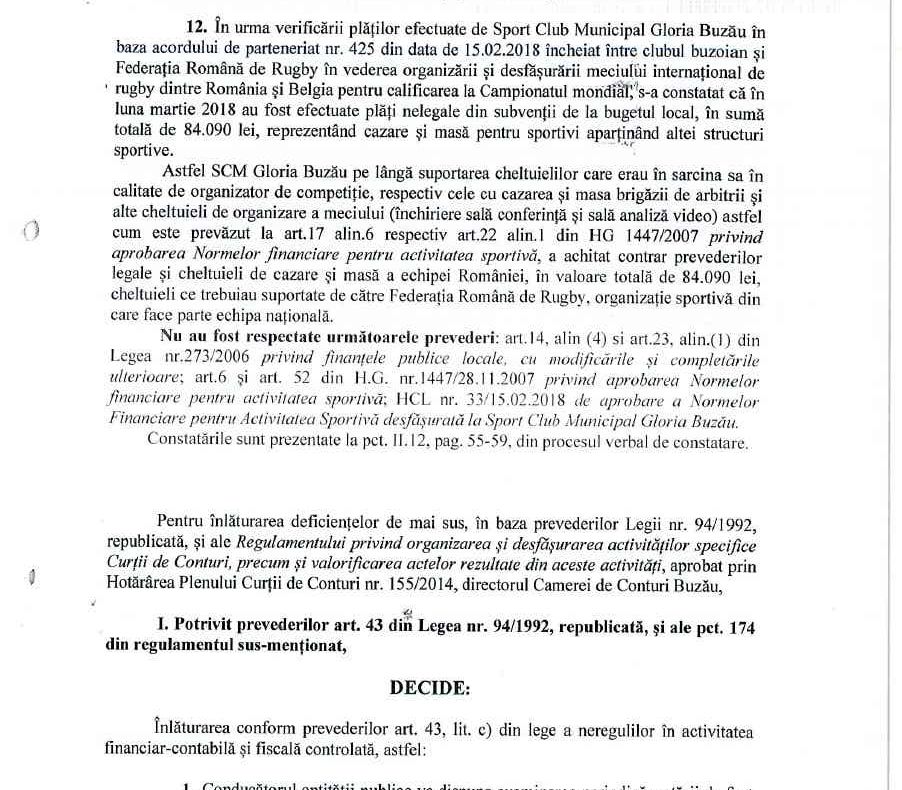 Oficialii Gloriei vor contesta raportul Curții de Conturi