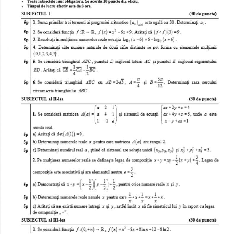 Bac 2020: Iată subiectele la matematică
