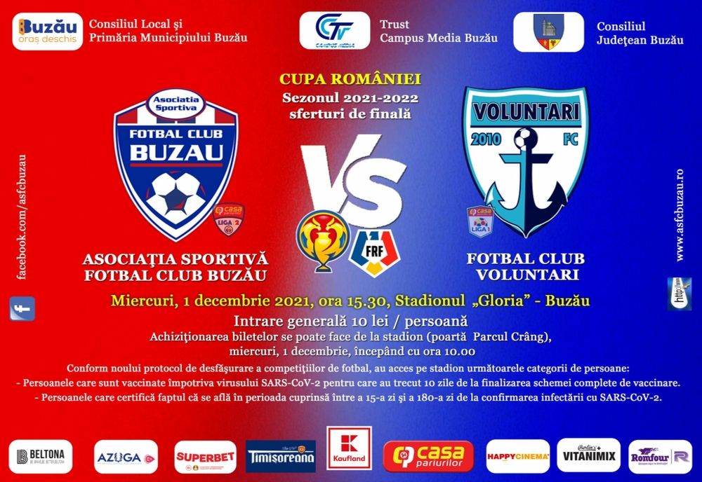 FC Buzău încearcă să ajungă în semifinalele Cupei României în duelul cu FC Voluntari