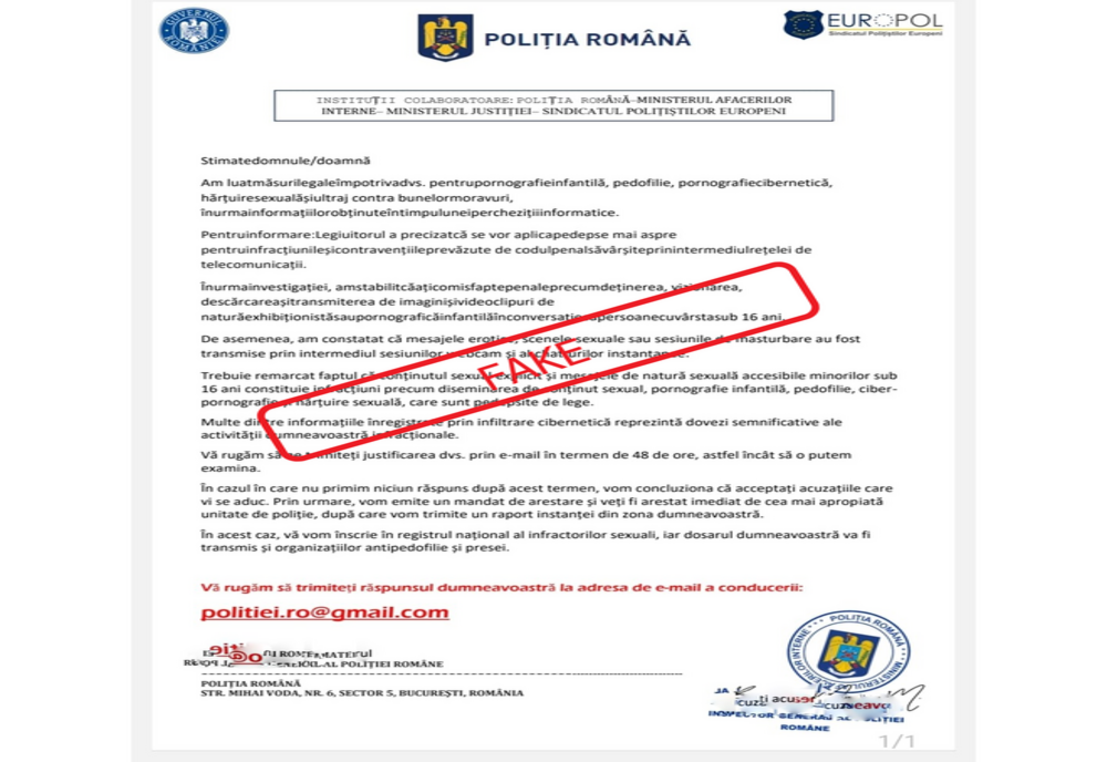 Tentative de fraude online, prin mesaje email, în care anumite persoane și-ar fi atribuit identitatea unor persoane cu funcții de conducere din cadrul structurilor de aplicare a legii 