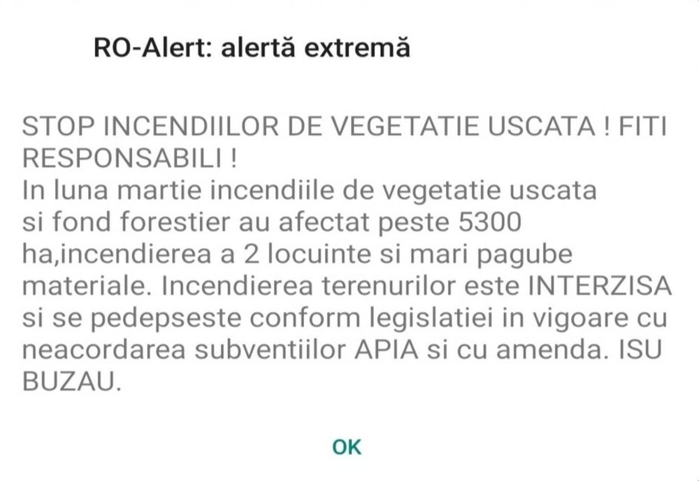 Mesaj RO-ALERT în judeţul Buzău din cauza incendiilor de vegetaţie
